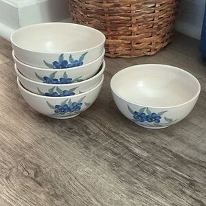 Studio Pottery Hand Painted Blue Floral Cereal Bowls Set of 5 Zimbabwe Vintage